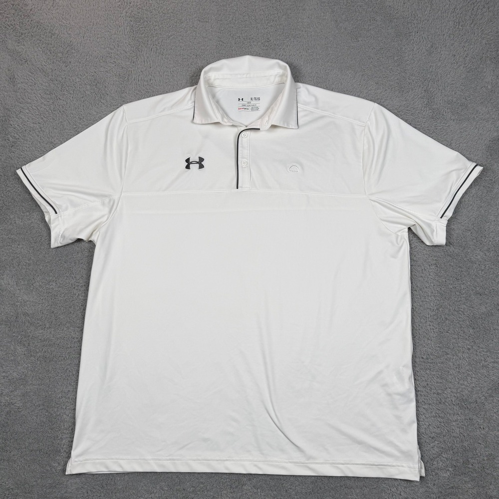 Under Armour HeatGear Mens XL‎ White Short Sleeve Golf Polo Shirt Loose Fit Logo